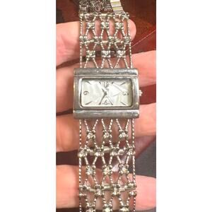 Women's Almas Watch, Wide Bracelet Band Silver Tone with Rhinestones, MOP Face